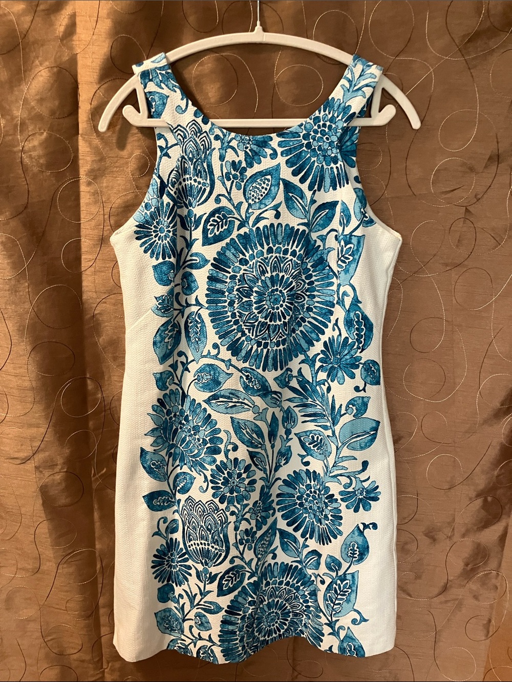 Taylor Blue White Botanical Floral Textured Shift Dress Cotton Stretch Size 8